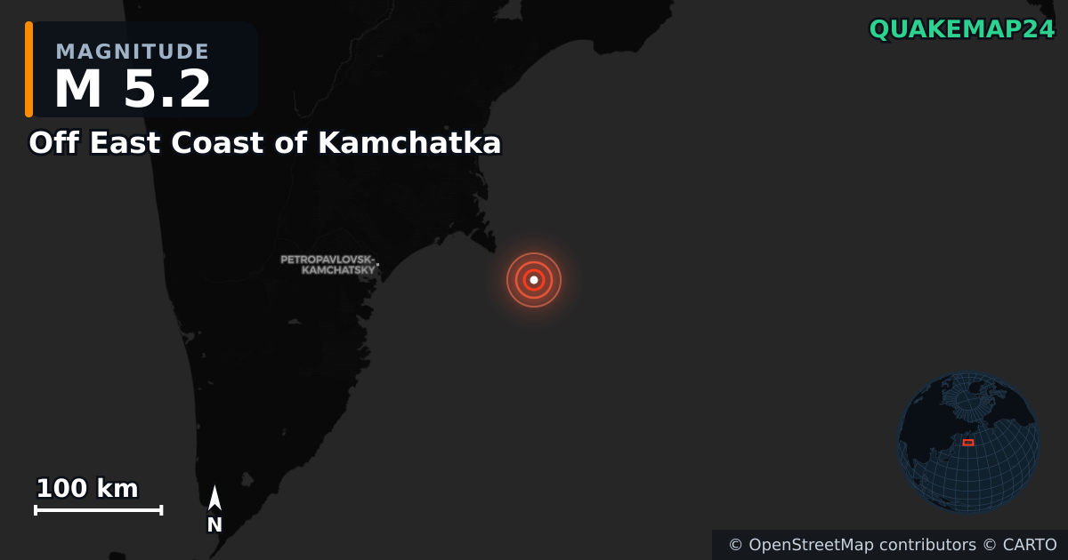M5.2 earthquake near Off East Coast of Kamchatka on Jun 19, 2026 — map of epicenter and shaking intensity | QuakeMap24