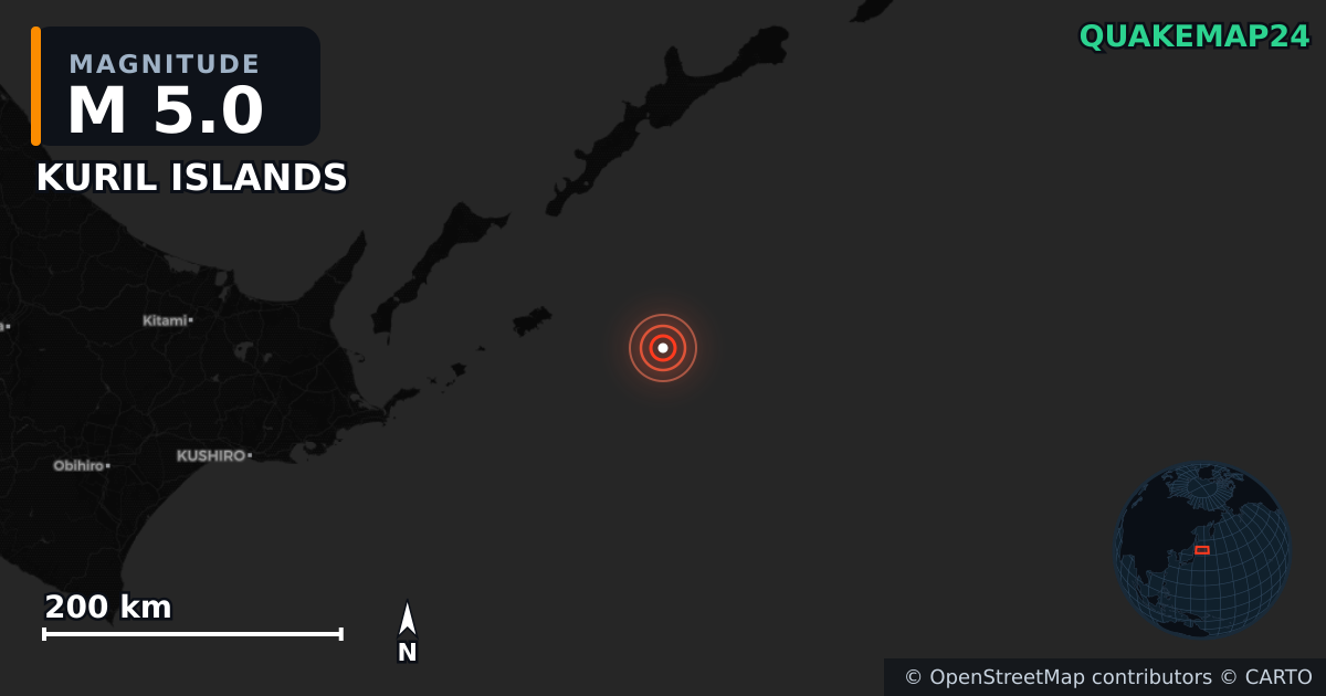 M5.0 earthquake near KURIL ISLANDS on Dec 21, 2025 — map of epicenter and shaking intensity | QuakeMap24