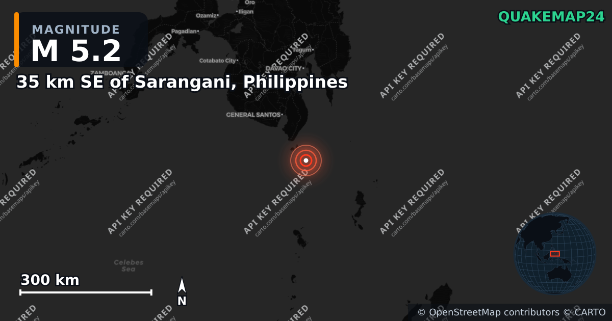 M5.2 earthquake near 35 km SE of Sarangani, Philippines on Sep 1, 2026 — map of epicenter and shaking intensity | QuakeMap24