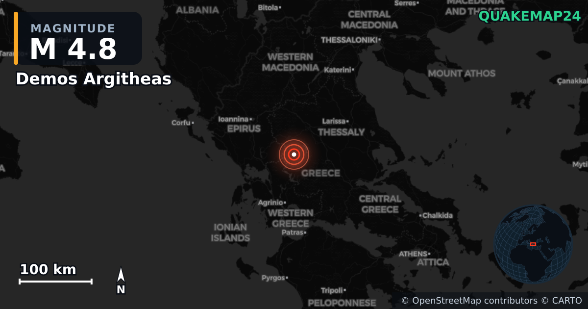 M4.8 earthquake near Demos Argitheas on Mar 12, 2026 — map of epicenter and shaking intensity | QuakeMap24