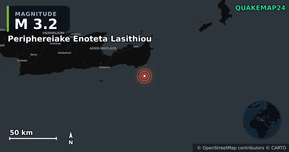 Σεισμός M3,2 κοντά στο Περιφερειακή Ενότητα Λασιθίου, Περιφέρεια Κρήτης (Ελλάδα) · 2026-05-14 — Χάρτης της θέσης του επικέντρου