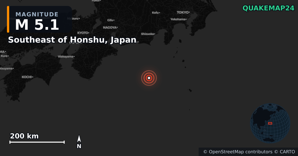 M5.1 earthquake near Southeast of Honshu, Japan on Jun 12, 2025 — map of epicenter and shaking intensity | QuakeMap24