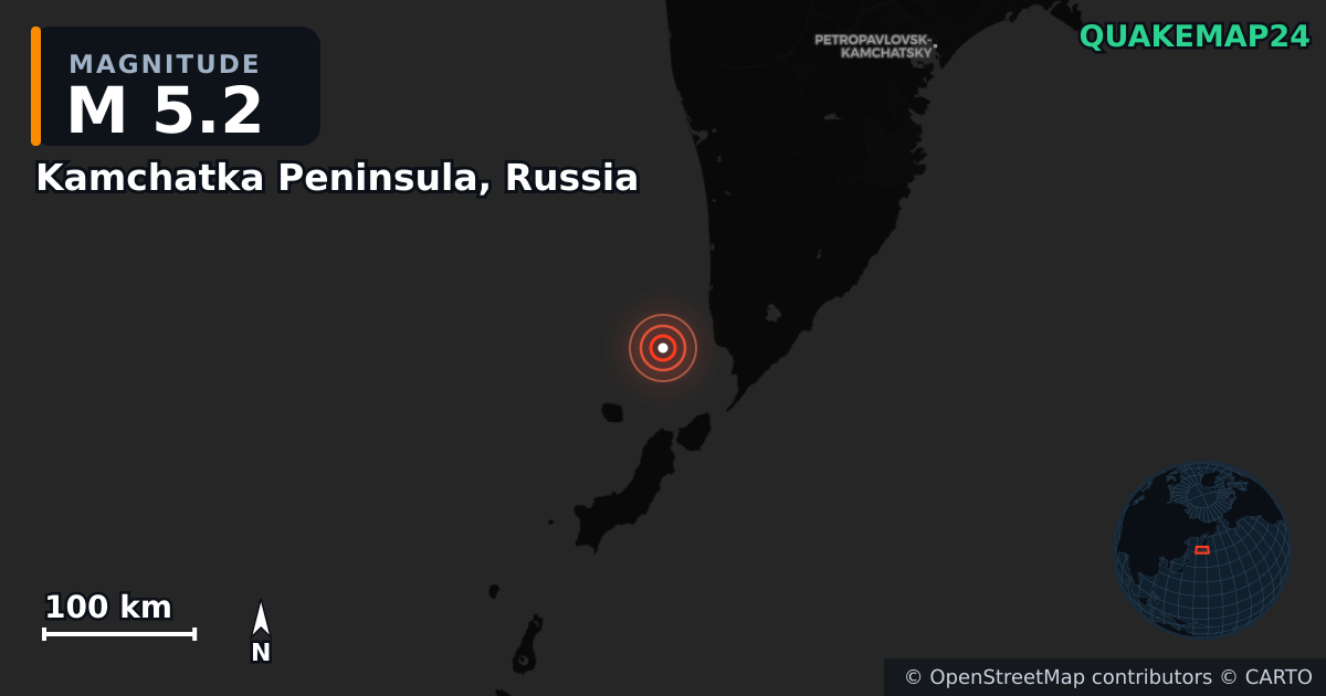 Kamchatka Peninsula, Russia yakınında M5,2 deprem — Deprem merkez üssünün konumunu gösteren harita