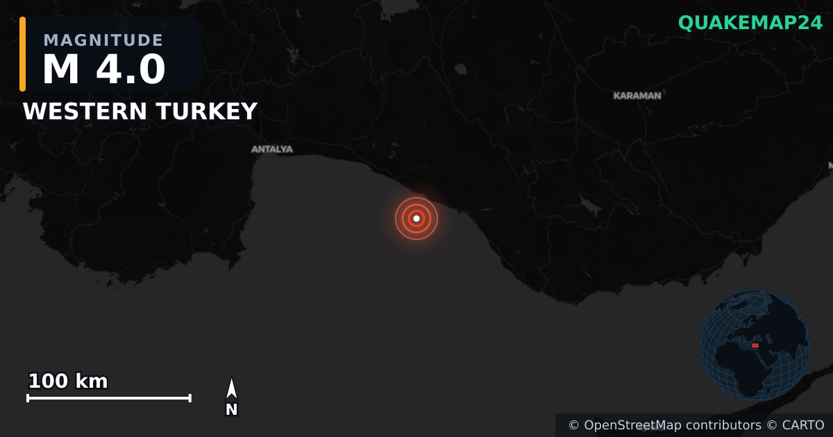 M4.0 earthquake near WESTERN TURKEY on Jun 1, 2025 — map of epicenter and shaking intensity | QuakeMap24