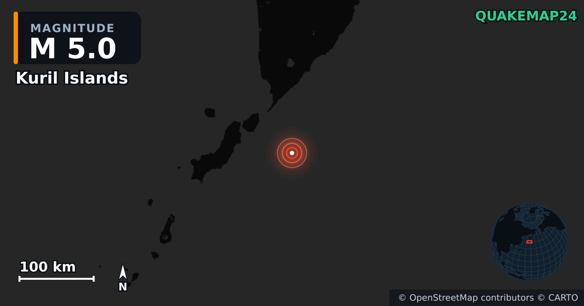 M5.0 earthquake near Kuril Islands on Dec 9, 2025 — map of epicenter and shaking intensity | QuakeMap24