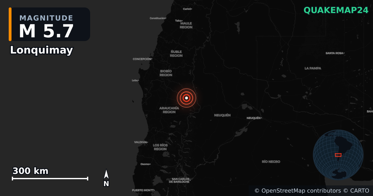 M5.7 earthquake near Lonquimay on Feb 22, 2026 — map of epicenter and shaking intensity | QuakeMap24