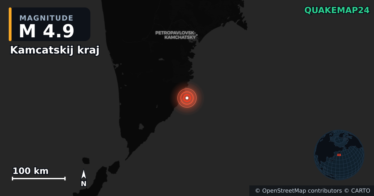 M4.9 earthquake near Kamcatskij kraj on Aug 24, 2025 — map of epicenter and shaking intensity | QuakeMap24