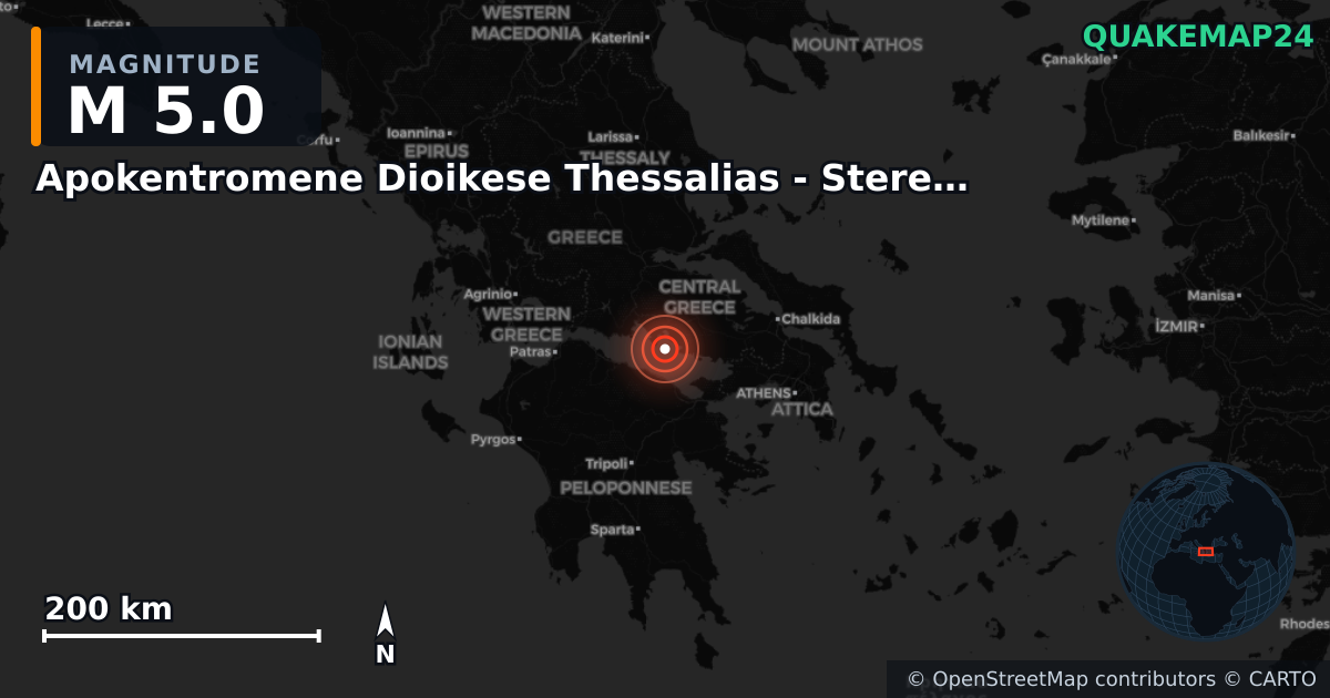M5.0 earthquake near Apokentromene Dioikese Thessalias - Stereas Ellados on May 27, 2025 — map of epicenter and shaking intensity | QuakeMap24