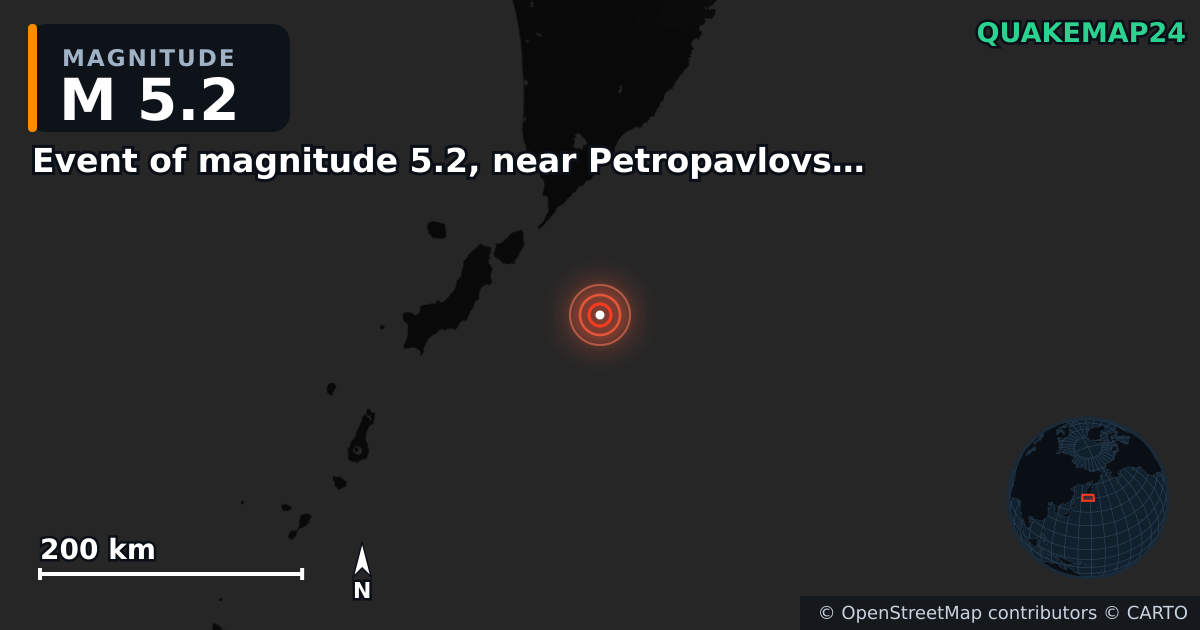 M5.2 earthquake near Event of magnitude 5.2, near Petropavlovsk Kamchatskiy (Monde) on Jun 7, 2026 — map of epicenter and shaking intensity | QuakeMap24