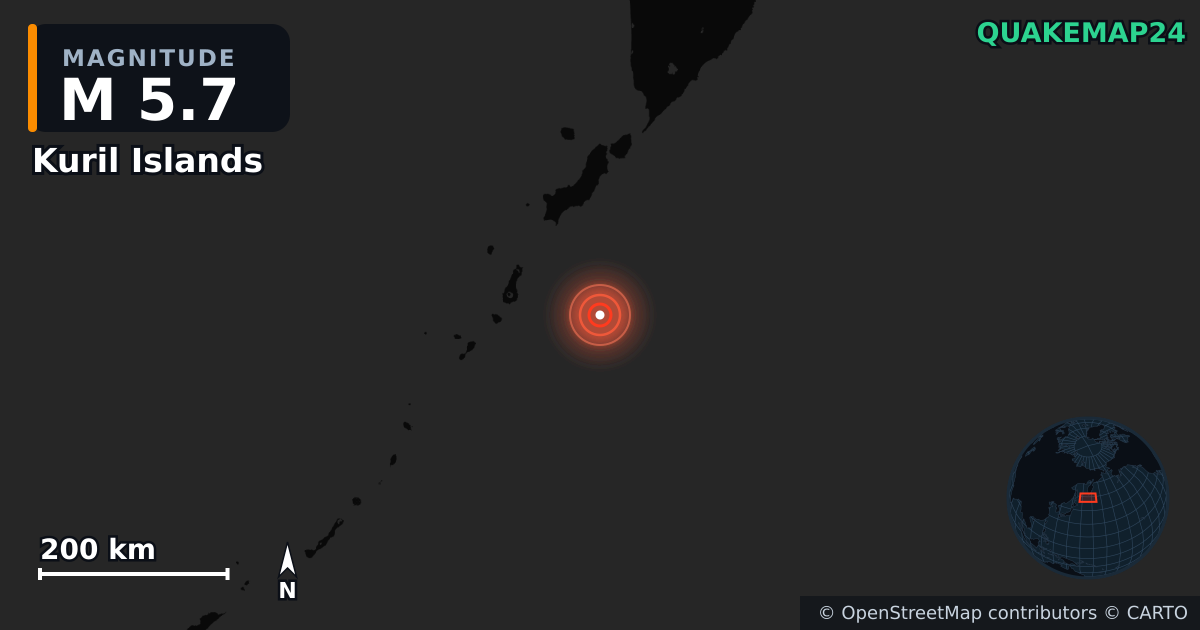 Kuril Islands yakınında M5,7 deprem — Deprem merkez üssünün konumunu gösteren harita