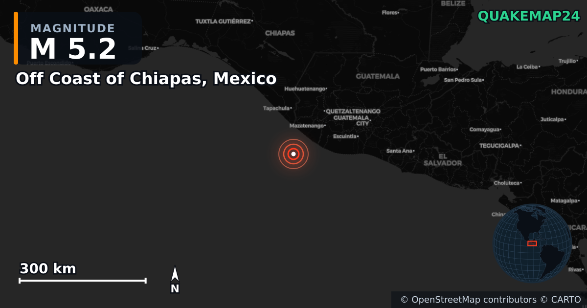 M5.2 earthquake near Off Coast of Chiapas, Mexico on Jul 17, 2026 — map of epicenter and shaking intensity | QuakeMap24