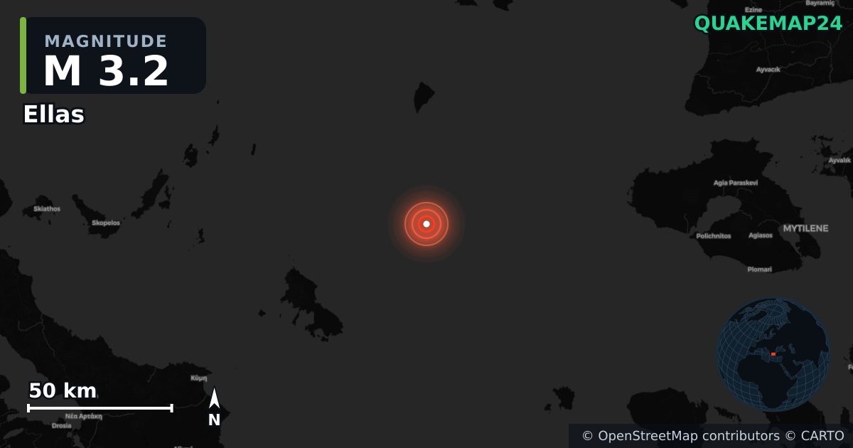 M3.2 earthquake near Ellas on Nov 10, 2025 — map of epicenter and shaking intensity | QuakeMap24
