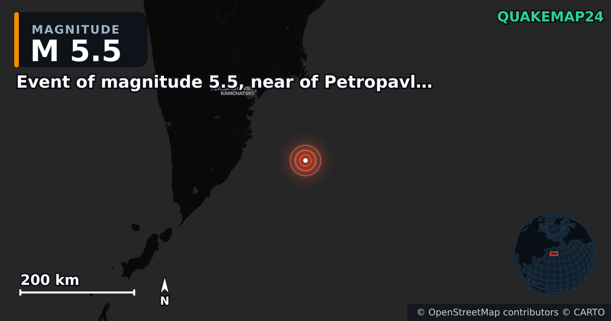 M5.5 earthquake near Event of magnitude 5.5, near of Petropavlovsk Kamchatskiy (Monde) on Jan 26, 2026 — map of epicenter and shaking intensity | QuakeMap24
