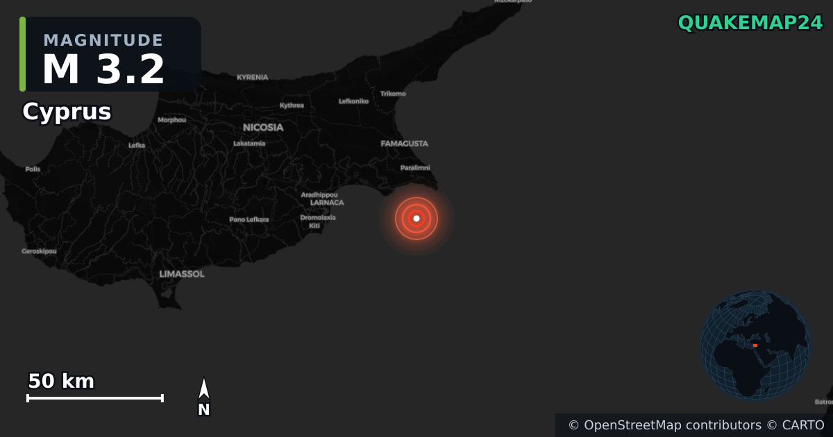 Sismo de M3,2 perto de Cyprus (Chipre) · 2026-10-10 — Mapa da localização do epicentro