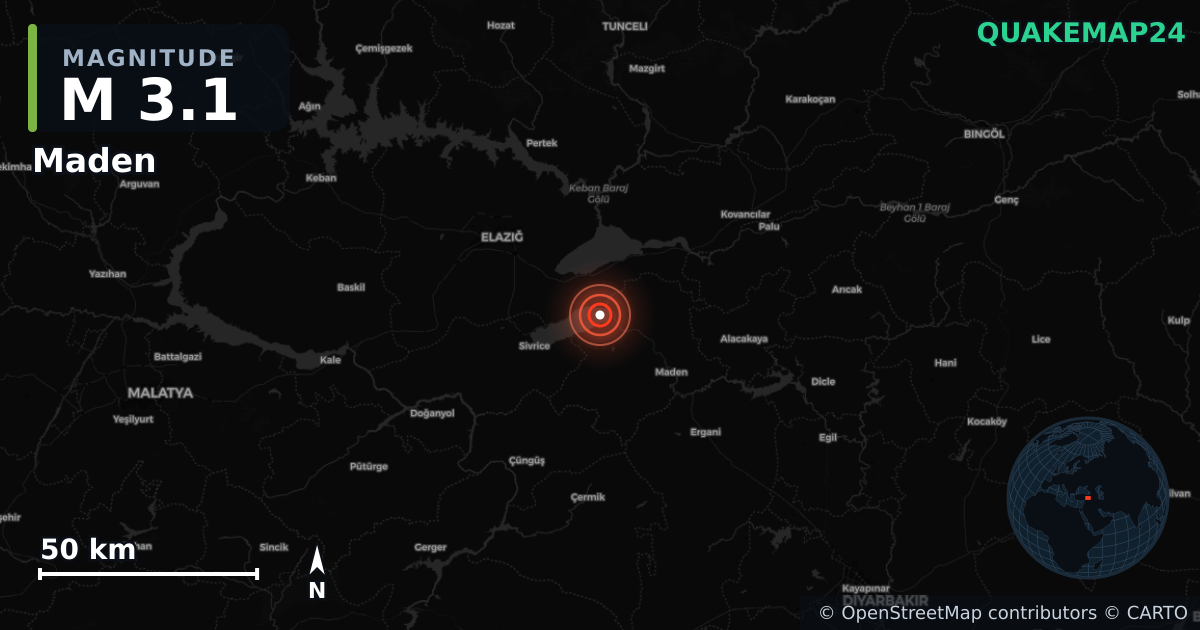 M3.1 earthquake near Maden on Sep 10, 2025 — map of epicenter and shaking intensity | QuakeMap24