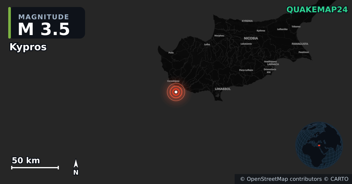 M3.5 earthquake near Kypros on Nov 12, 2025 — map of epicenter and shaking intensity | QuakeMap24