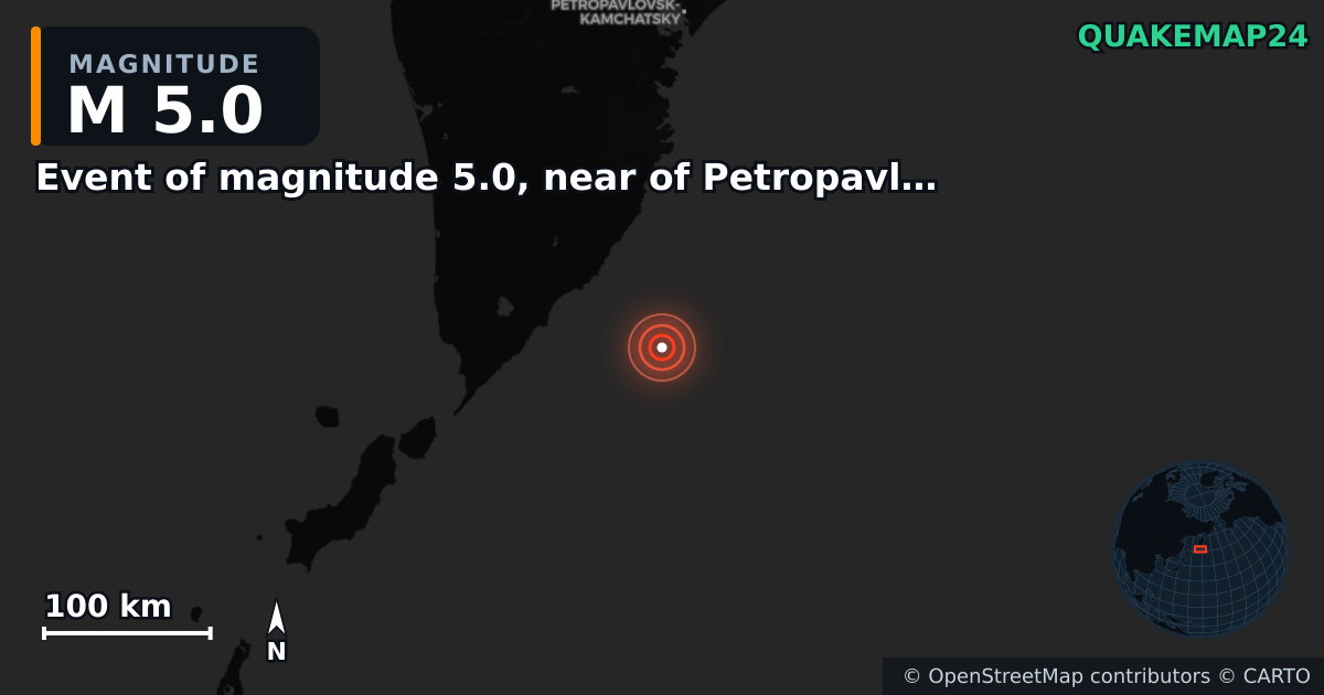 M5.0 earthquake near Event of magnitude 5.0, near of Petropavlovsk Kamchatskiy (Monde) on Sep 13, 2025 — map of epicenter and shaking intensity | QuakeMap24