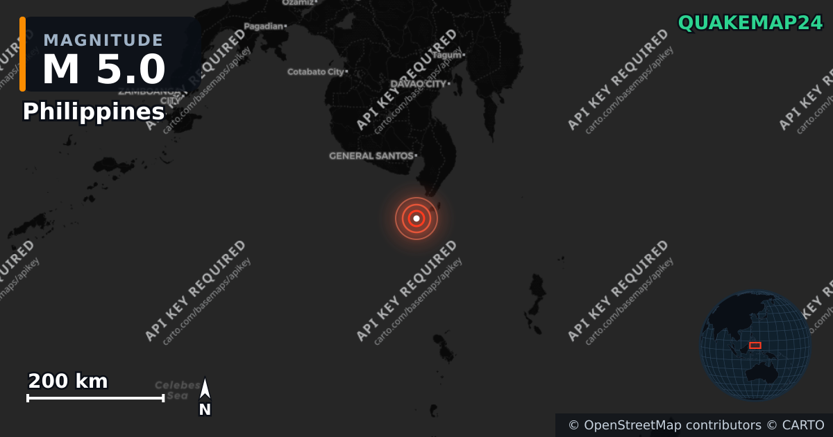 M5.0 earthquake near Philippines on Jun 24, 2026 — map of epicenter and shaking intensity | QuakeMap24