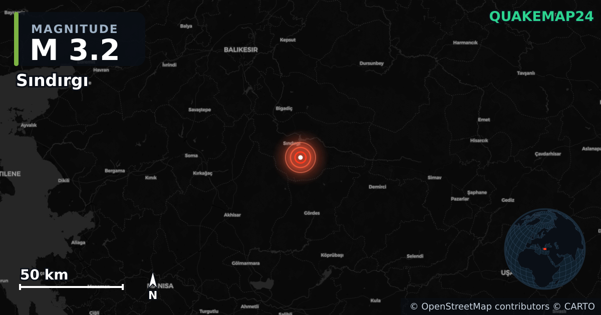 M3.2 earthquake near Sındırgı on Aug 8, 2026 — map of epicenter and shaking intensity | QuakeMap24