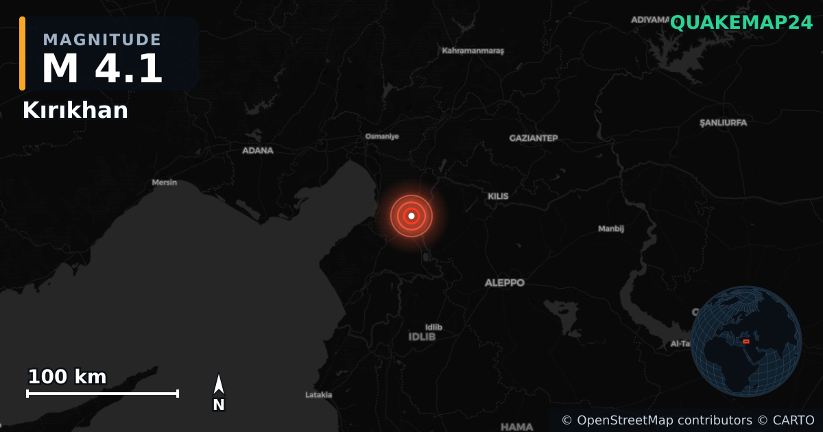 Σεισμός M4,1 κοντά στο 14 km NE of Kırıkhan, Turkey (Τουρκία) · 2025-12-17 — Χάρτης της θέσης του επικέντρου