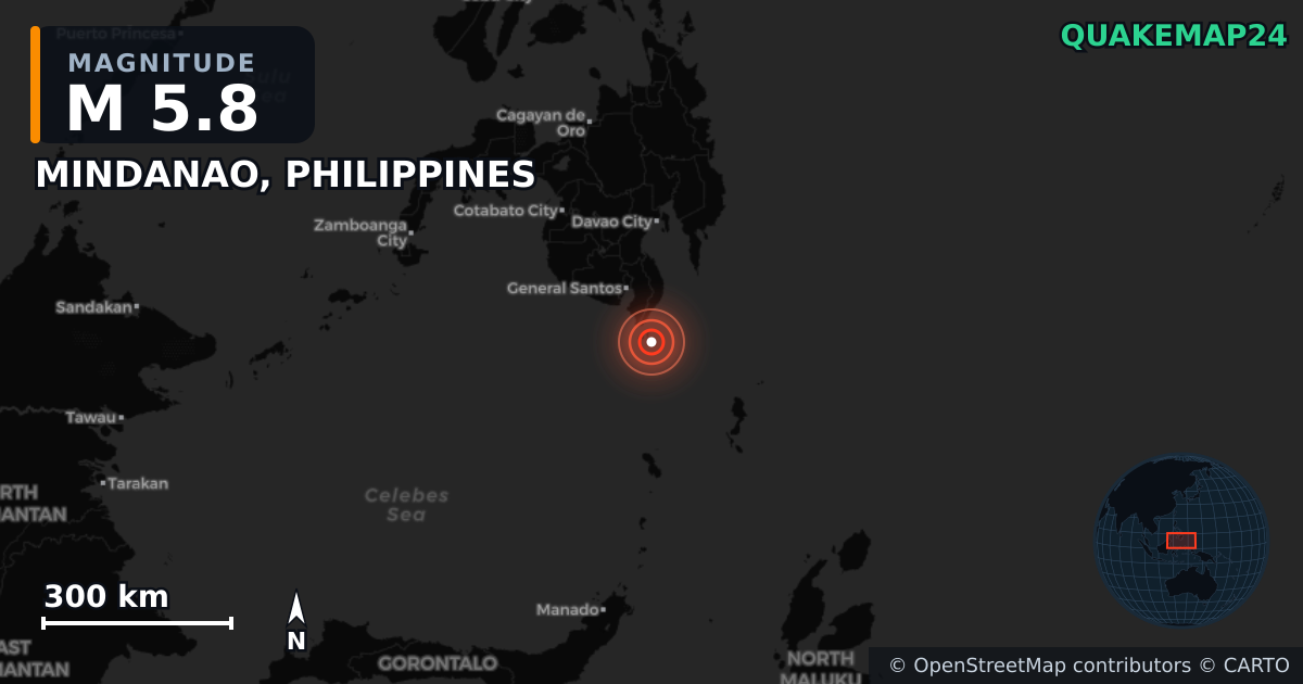 M5.8 earthquake near MINDANAO, PHILIPPINES on Jun 8, 2026 — map of epicenter and shaking intensity | QuakeMap24
