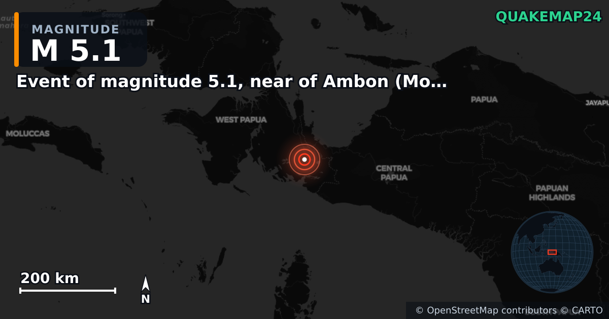 M5.1 earthquake near Event of magnitude 5.1, near of Ambon (Monde) on Apr 2, 2026 — map of epicenter and shaking intensity | QuakeMap24