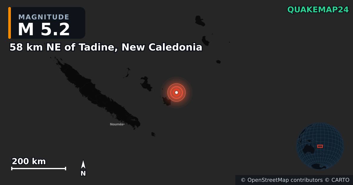 M5.2 Earthquake near 58 km NE of Tadine, New Caledonia · 2026-09-26 — Map showing the location of the epicenter
