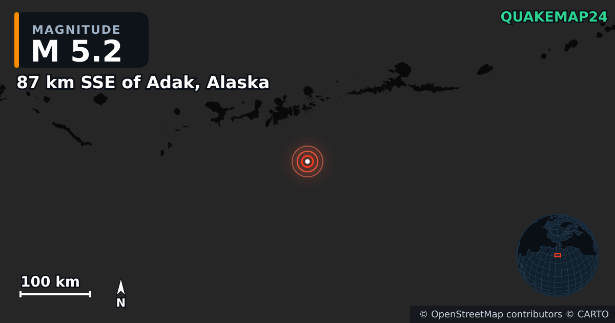 M5.2 earthquake near 87 km SSE of Adak, Alaska on Mar 20, 2025 — map of epicenter and shaking intensity | QuakeMap24