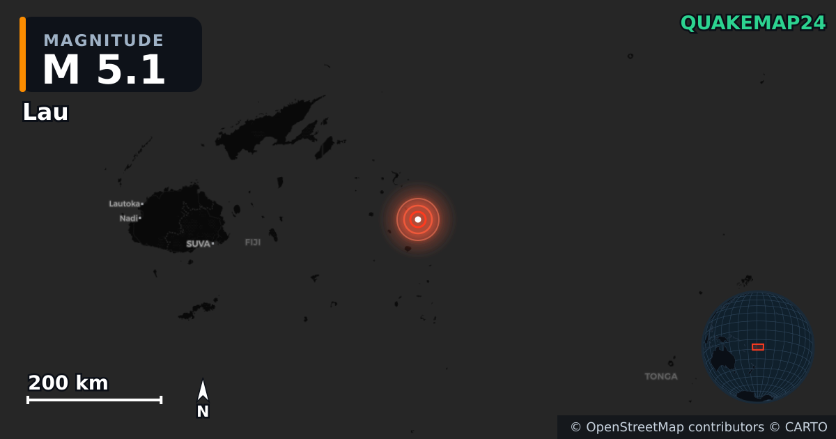 M5.1 earthquake near Lau on May 15, 2026 — map of epicenter and shaking intensity | QuakeMap24