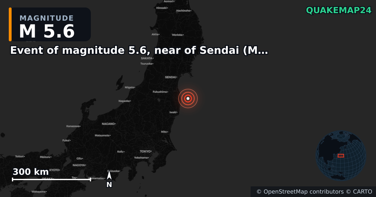 M5.6 earthquake near Event of magnitude 5.6, near of Sendai (Monde) on Oct 4, 2025 — map of epicenter and shaking intensity | QuakeMap24