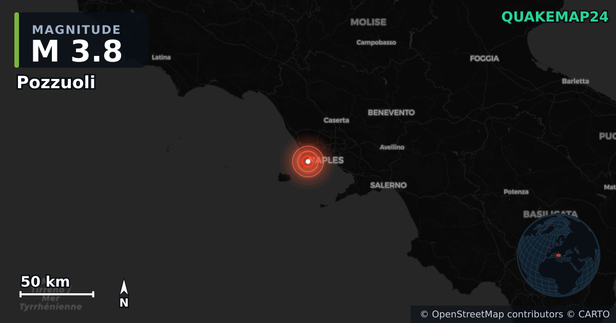 M3.8 earthquake near Pozzuoli on Jul 31, 2026 — map of epicenter and shaking intensity | QuakeMap24