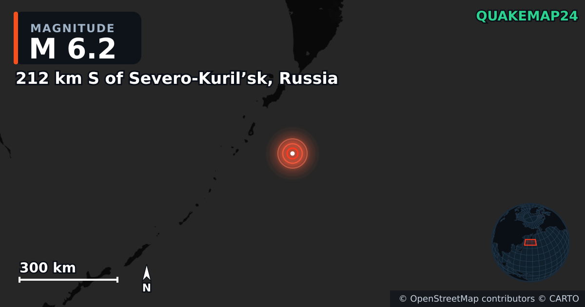 M6.2 earthquake near 212 km S of Severo-Kuril’sk, Russia on Aug 4, 2025 — map of epicenter and shaking intensity | QuakeMap24