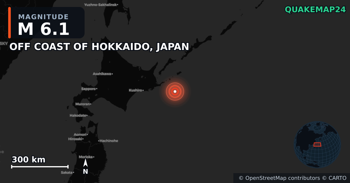 M6.1 earthquake near OFF COAST OF HOKKAIDO, JAPAN on Jun 21, 2025 — map of epicenter and shaking intensity | QuakeMap24