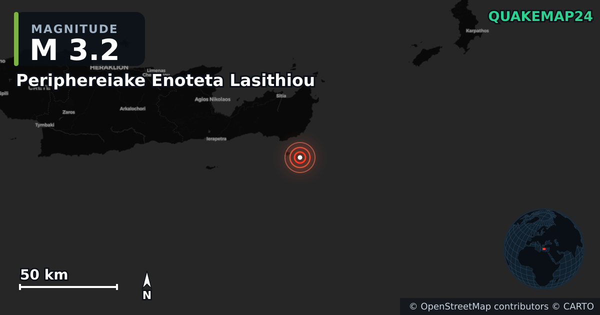 M3.2 earthquake near Periphereiake Enoteta Lasithiou on May 14, 2026 — map of epicenter and shaking intensity | QuakeMap24