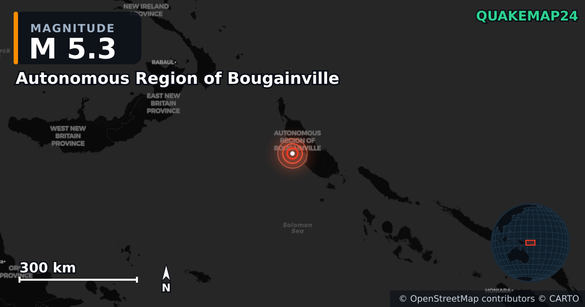 M5.3 earthquake near Autonomous Region of Bougainville on Dec 10, 2025 — map of epicenter and shaking intensity | QuakeMap24