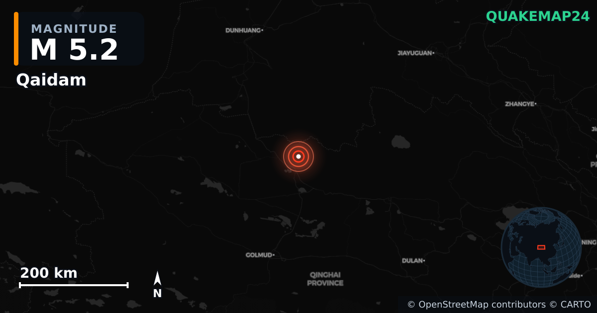 M5.2 earthquake near Qaidam on Jun 16, 2026 — map of epicenter and shaking intensity | QuakeMap24
