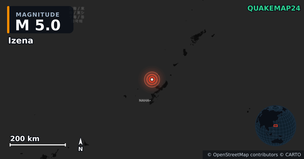 M5.0 earthquake near Izena on Aug 24, 2026 — map of epicenter and shaking intensity | QuakeMap24