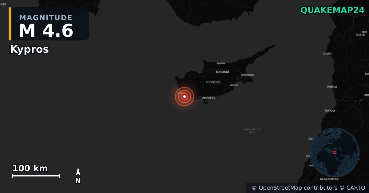 M4.6 earthquake near Kypros on Nov 13, 2025 — map of epicenter and shaking intensity | QuakeMap24