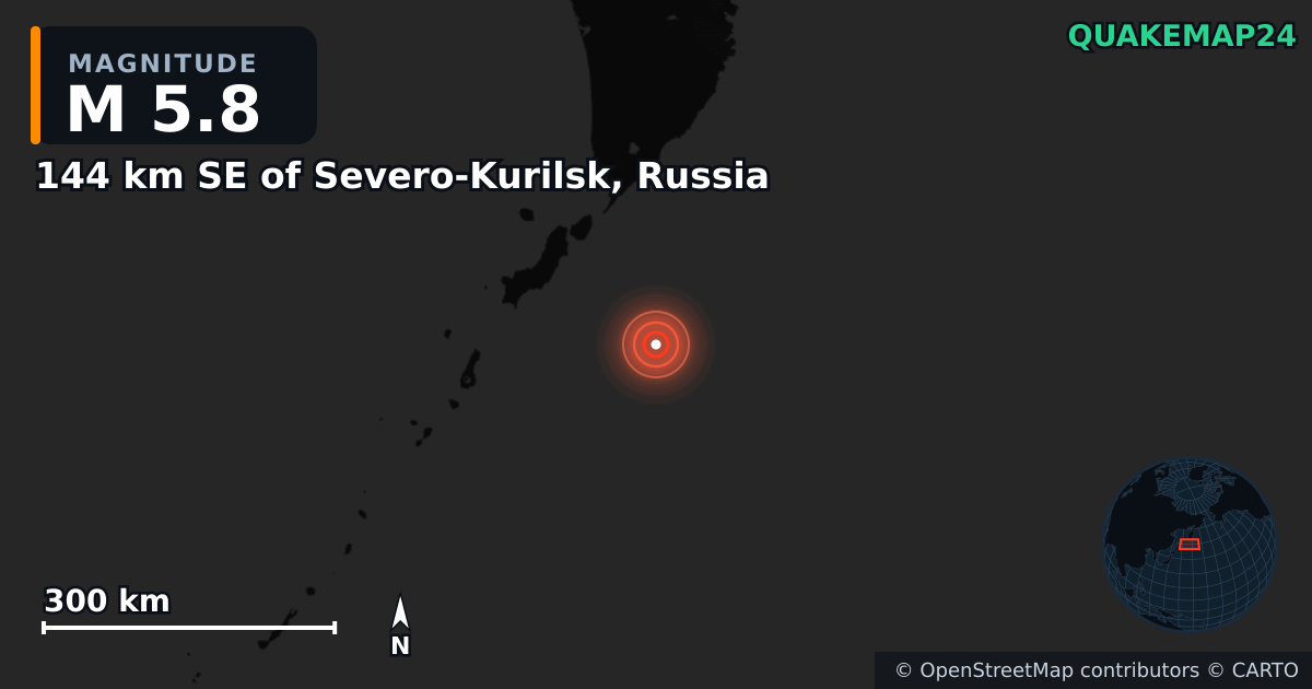 M5.8 earthquake near 144 km SE of Severo-Kurilsk, Russia on Jul 30, 2025 — map of epicenter and shaking intensity | QuakeMap24