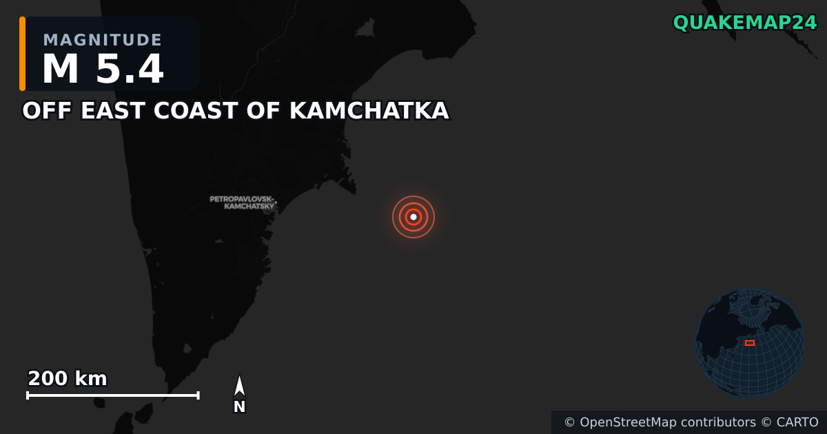 M5.4 earthquake near OFF EAST COAST OF KAMCHATKA on Sep 19, 2025 — map of epicenter and shaking intensity | QuakeMap24