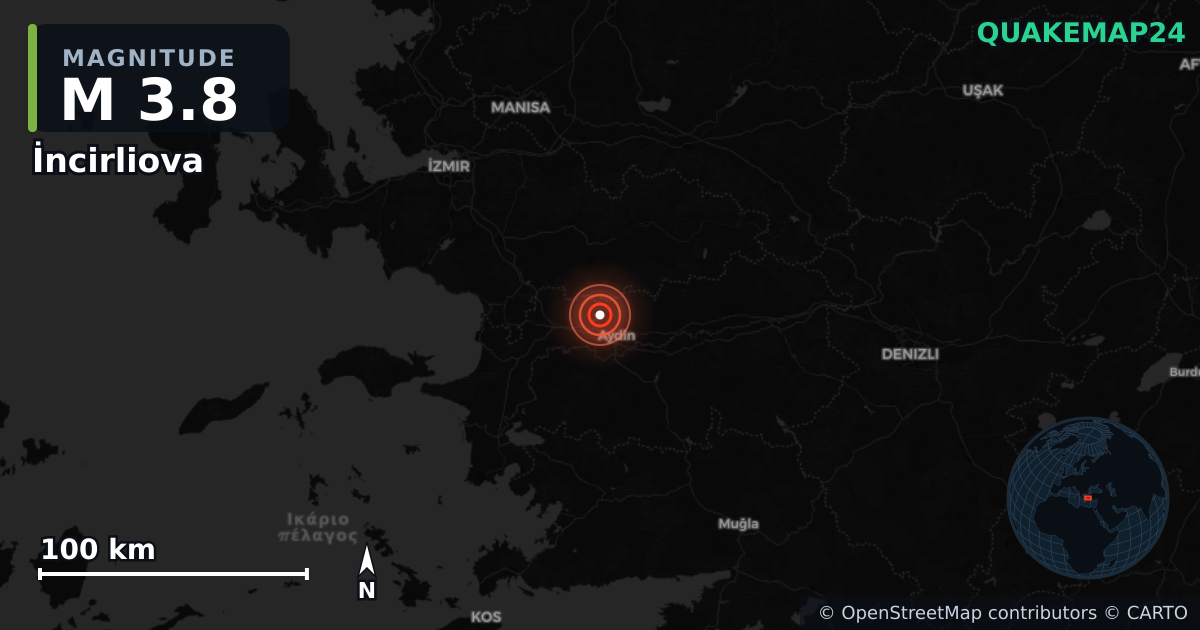 Sismo de M3,8 perto de İncirliova, Aydın (Turquia) · 2026-06-23 — Mapa da localização do epicentro