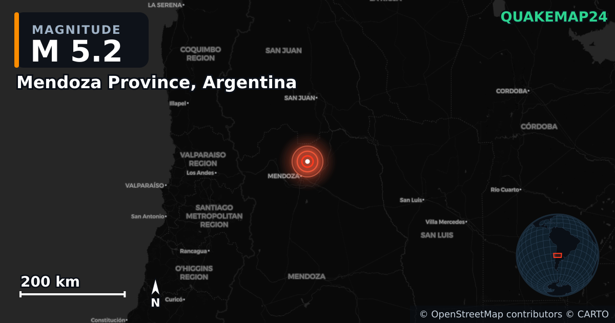 Erdbeben M5,2 bei Mendoza Province, Argentina — Karte der Lage des Epizentrums