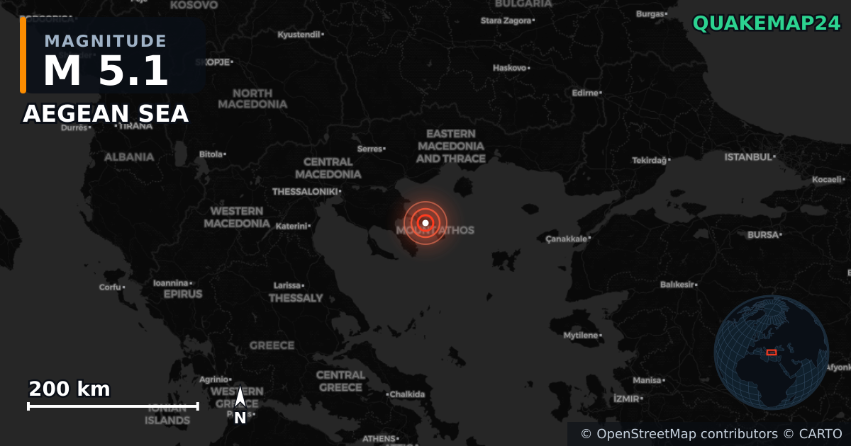 M5.1 earthquake near AEGEAN SEA on Jun 7, 2025 — map of epicenter and shaking intensity | QuakeMap24