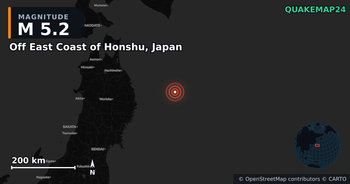 M5.2 earthquake near Off East Coast of Honshu, Japan on Apr 22, 2026 — map of epicenter and shaking intensity | QuakeMap24