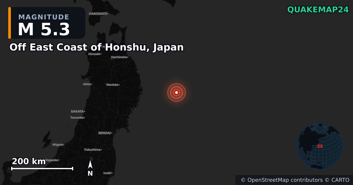 M5.3 earthquake near Off East Coast of Honshu, Japan on Apr 20, 2026 — map of epicenter and shaking intensity | QuakeMap24
