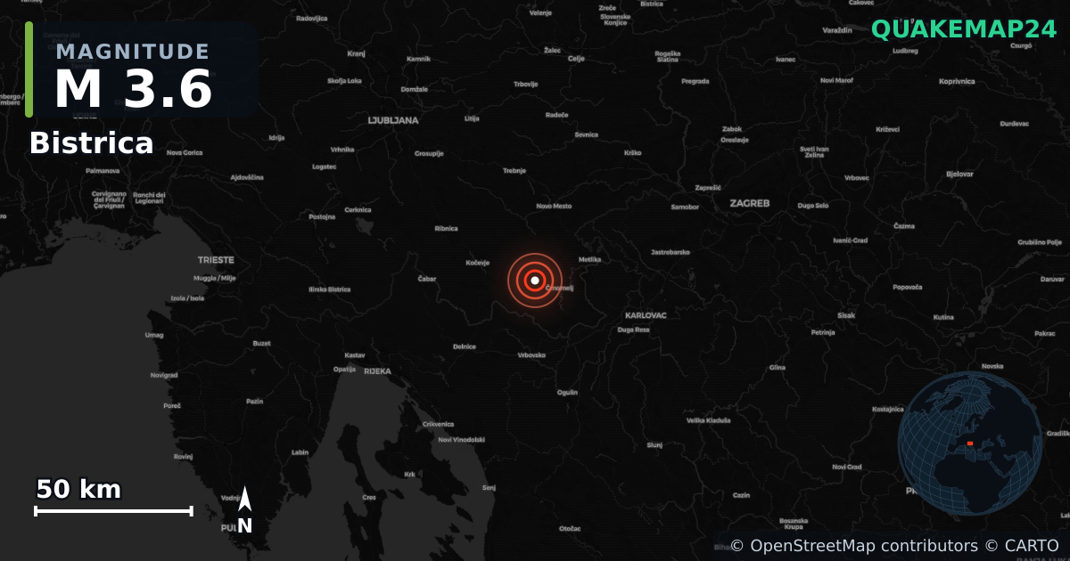 M3.6 earthquake near Bistrica on Apr 21, 2026 — map of epicenter and shaking intensity | QuakeMap24