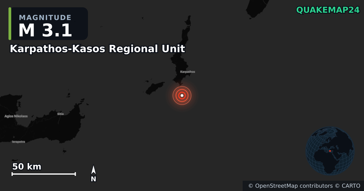 M3.1 earthquake near Karpathos-Kasos Regional Unit on Jul 2, 2026 — map of epicenter and shaking intensity | QuakeMap24