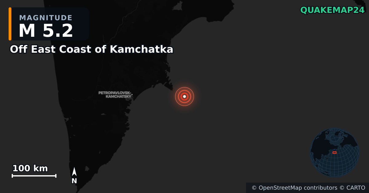 M5.2 earthquake near Off East Coast of Kamchatka on Sep 19, 2025 — map of epicenter and shaking intensity | QuakeMap24