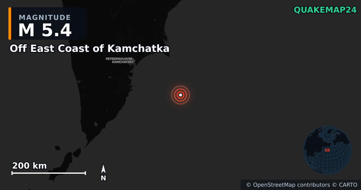 M5.4 earthquake near Off East Coast of Kamchatka on Aug 3, 2025 — map of epicenter and shaking intensity | QuakeMap24