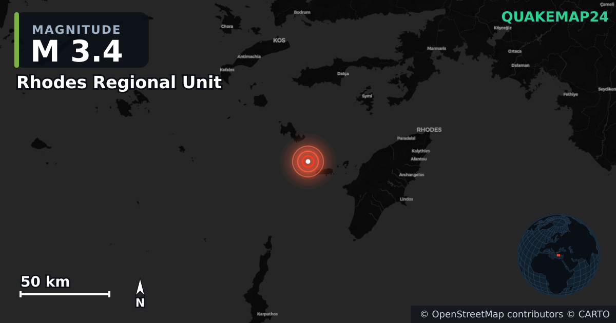 M3.4 earthquake near Rhodes Regional Unit on Aug 22, 2026 — map of epicenter and shaking intensity | QuakeMap24